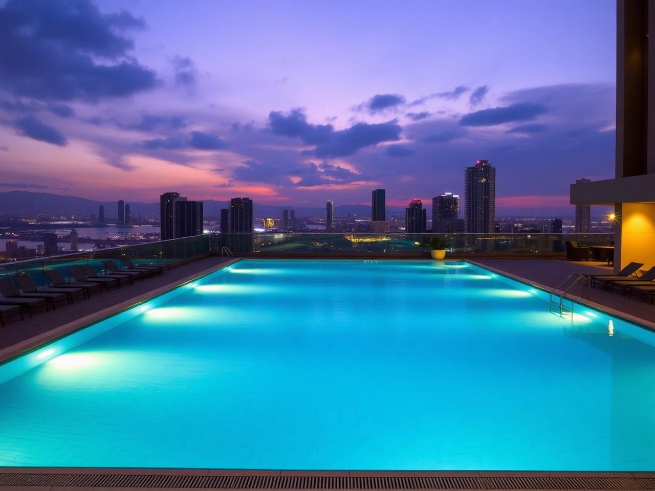Rooftop swimming pool at twilight